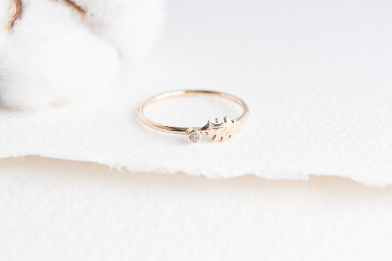 White background with rough edge paper. Gold filled ring in the centre of the picture with a 2mm cubic zirconia stone in a bezel setting (metal covering the edge of the stone) with a small hand cut oak leaf beside the stone.