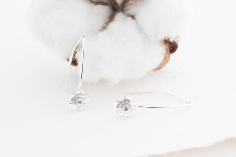 White background with a cotton flower in the foreground. Silver hooked flower earrings with little bezel cubic zirconias in the middle of the photo.